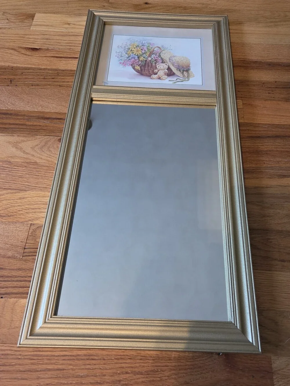 Vintage Gold Framed Wall Mirror with Floral Bear Print Grandma Cottage